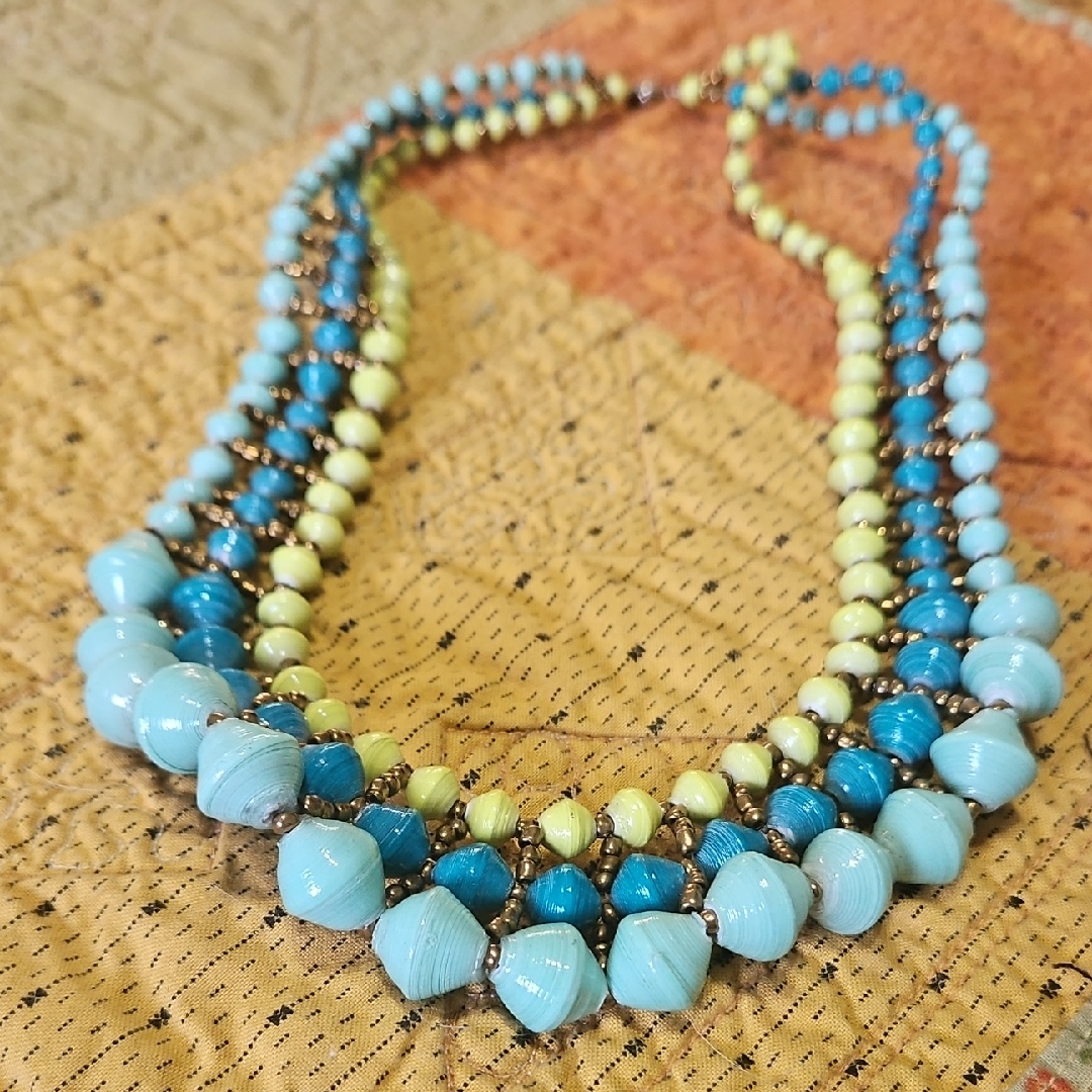 Teng Yue Blue &Yellow Glitter Paper Bead And Gold Bead Tri-Strand Necklace